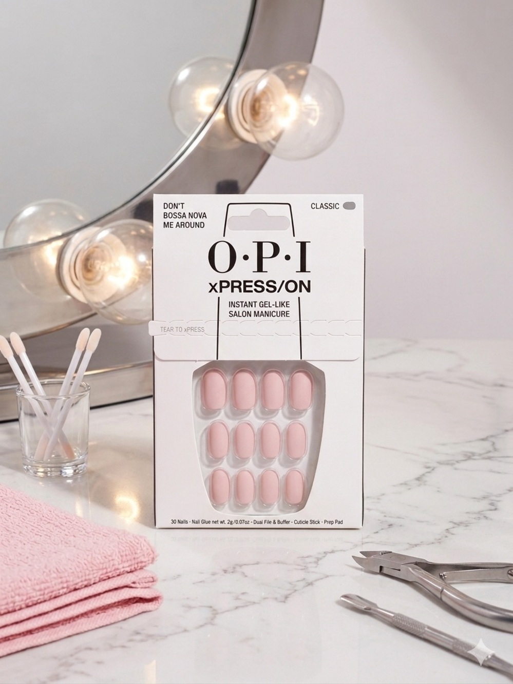 OPI xPRESS/ON Classic Pink Instant Gel-Like Press on Nails, 30 pack.